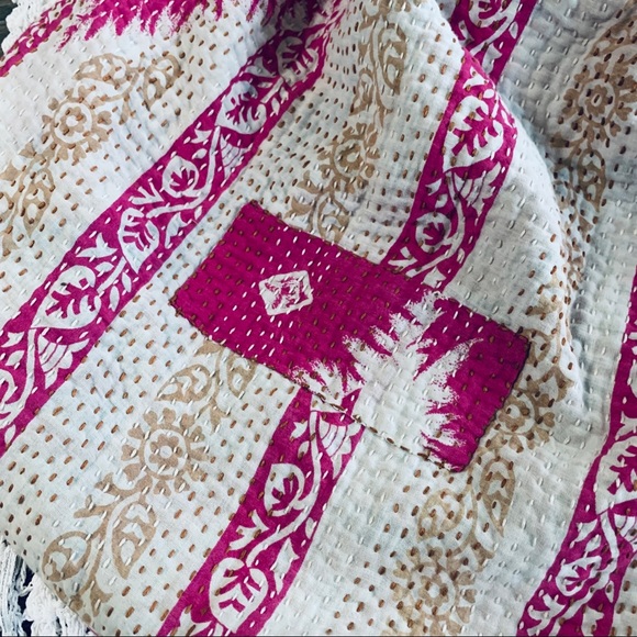 SARI-BARI BOHO PATCHWORK BEACH TOTE BAG BRUSHED COTTON OVERSIZED BAMBOO HANDLE - Picture 4 of 16